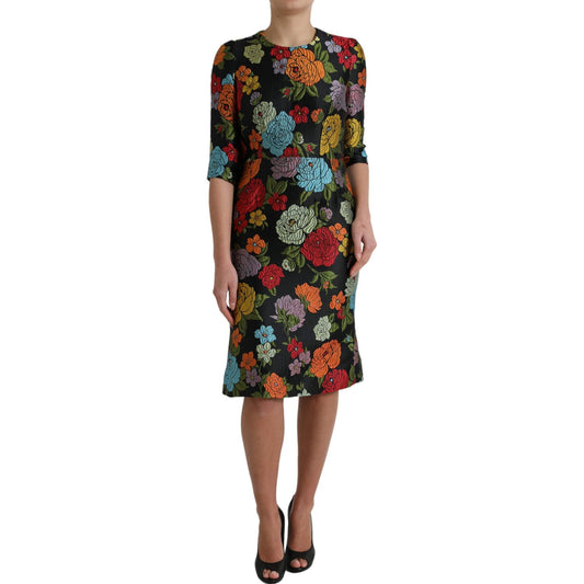 Dolce & Gabbana Elegant Floral Embroidered Pencil Dress black-floral-embroidery-knee-length-dress