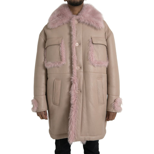Beige Pink Lamb Leather Shearling Coat Jacket