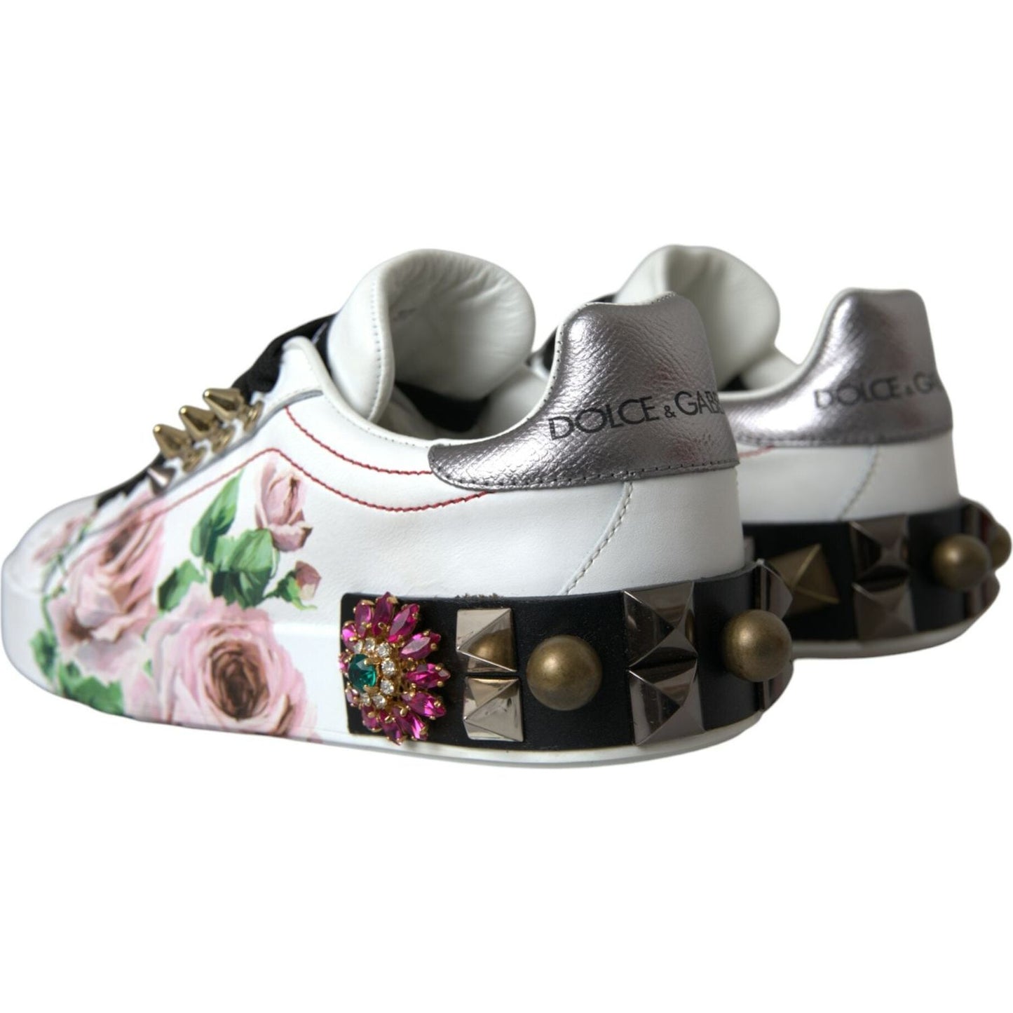 Dolce & Gabbana White Leather Crystal Roses Floral Sneakers Shoes white-leather-crystal-roses-floral-sneakers-shoes-1