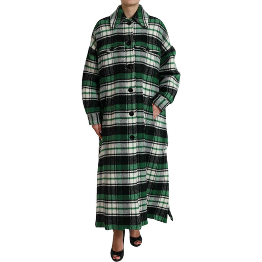 Dolce & Gabbana | Elegant Green Plaid Long Coat| McRichard Designer Brands   