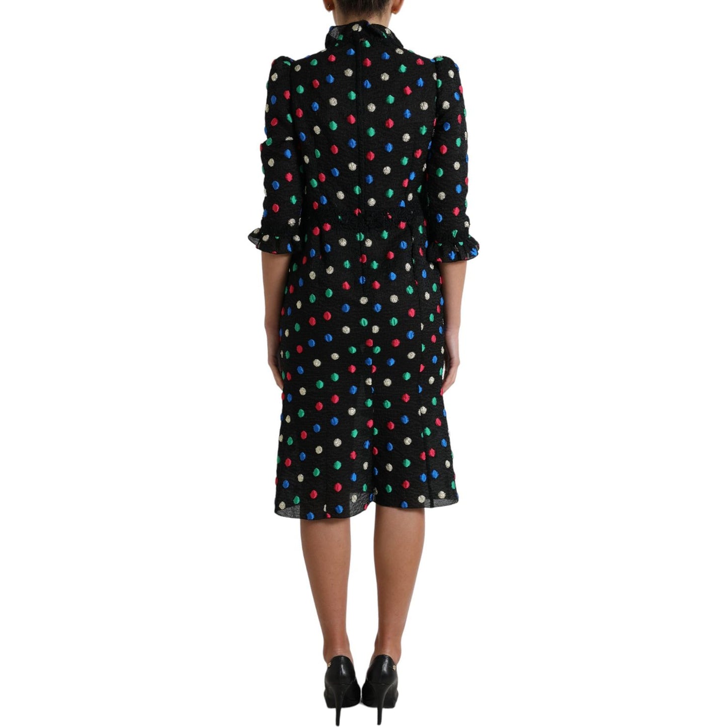 Dolce & Gabbana Elegant High Neck Polka Dot Midi Dress black-polka-dot-ruffle-cotton-midi-dress