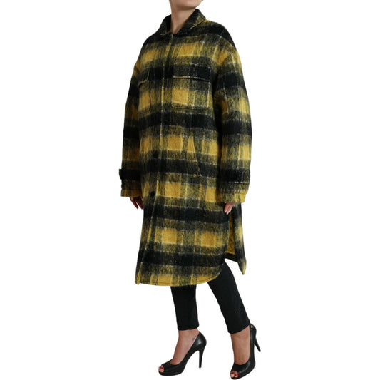 Dolce & Gabbana | Chic Plaid Long Coat in Sunshine Yellow| McRichard Designer Brands   