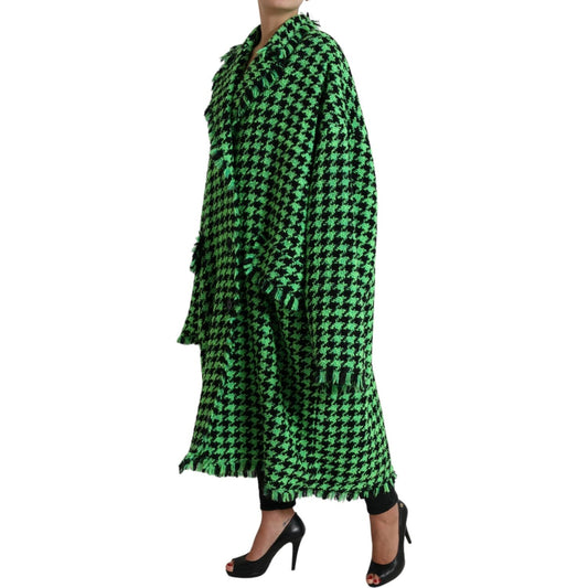 Dolce & Gabbana Elegant Green Houndstooth Trench Coat green-houndstooth-full-sleeve-long-coat-jacket