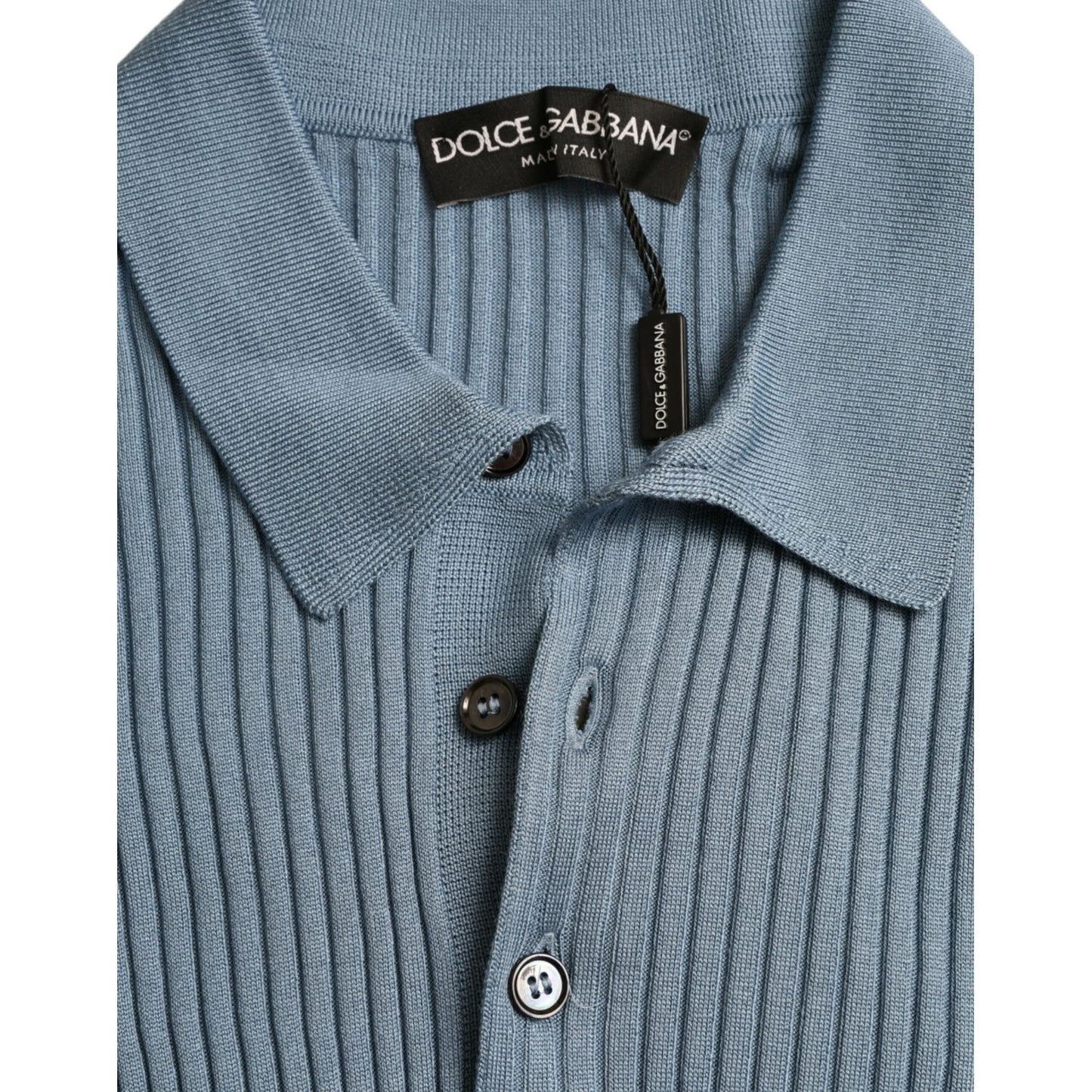 Dolce & Gabbana | Silk Henley Polo Tee in Sky Blue| McRichard Designer Brands   
