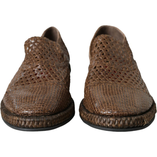 Dolce & Gabbana Brown Woven Leather Loafers Casual Shoes brown-woven-leather-loafers-casual-shoes