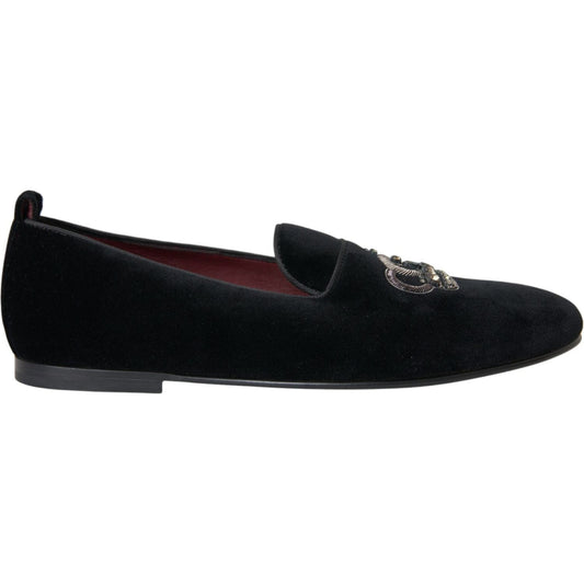 Dolce & Gabbana Black Velvet Crystal Crown Men Loafers Shoes black-velvet-crystal-crown-men-loafers-shoes