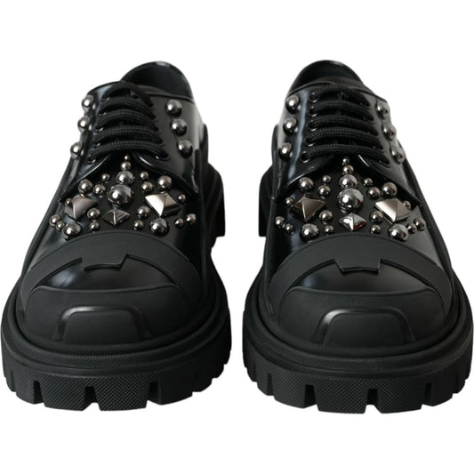 Dolce & Gabbana Black Leather Studded Trekking Sneakers Shoes black-leather-studded-trekking-sneakers-shoes