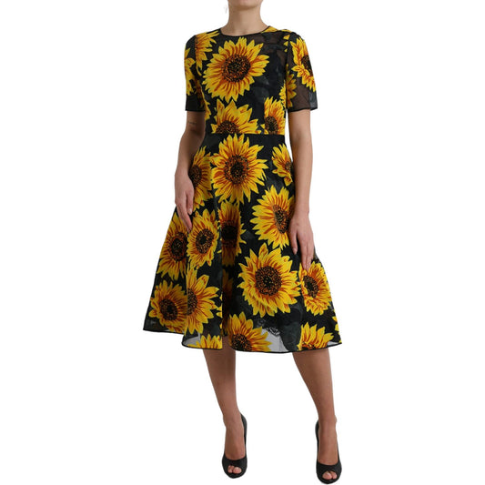 Dolce & Gabbana Summery Sunflower A-Line Midi Dress black-sunflower-print-nylon-a-line-midi-dress