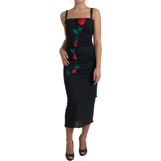Dolce & Gabbana Elegant Wool Sheath Dress with Rose Applique black-roses-stretch-sheath-bodycon-dress