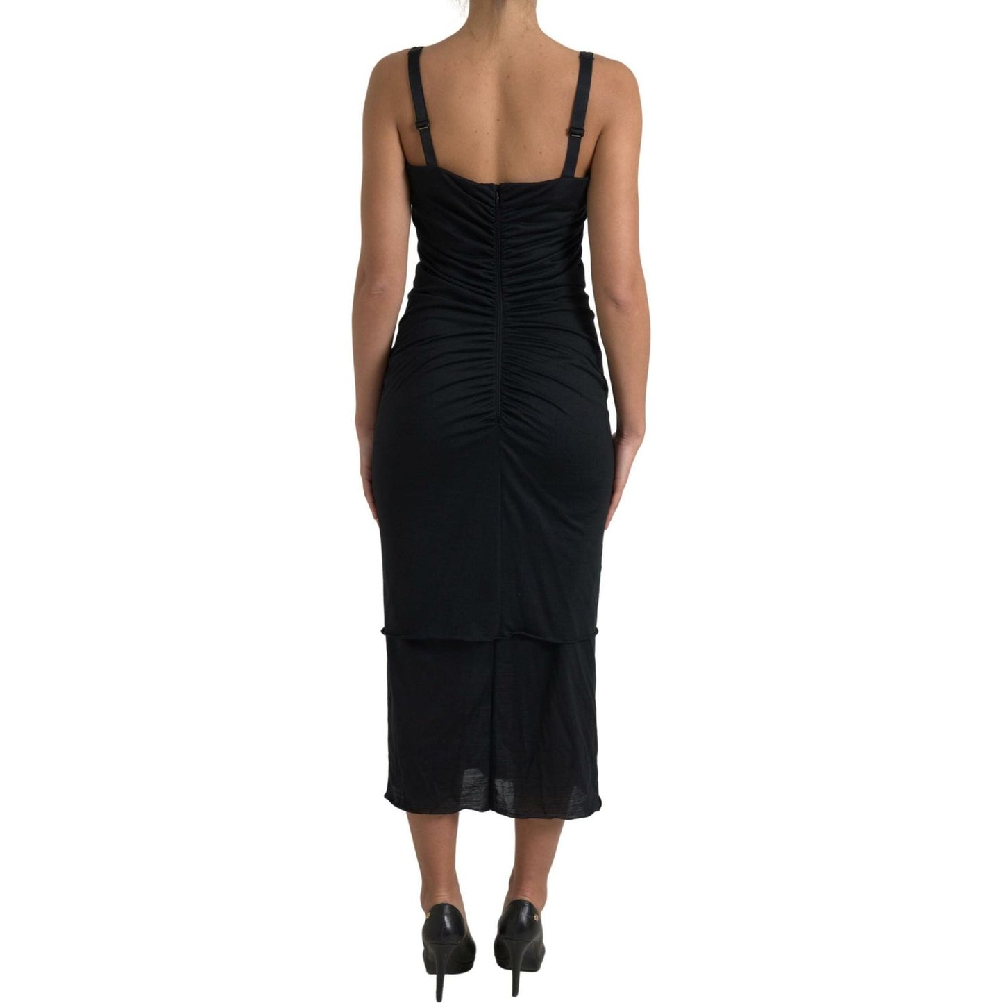 Dolce & Gabbana Elegant Wool Sheath Dress with Rose Applique black-roses-stretch-sheath-bodycon-dress