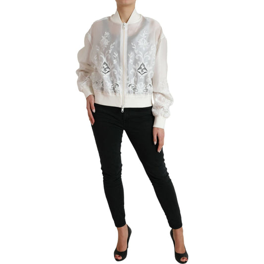Elegant White Silk Bomber Jacket