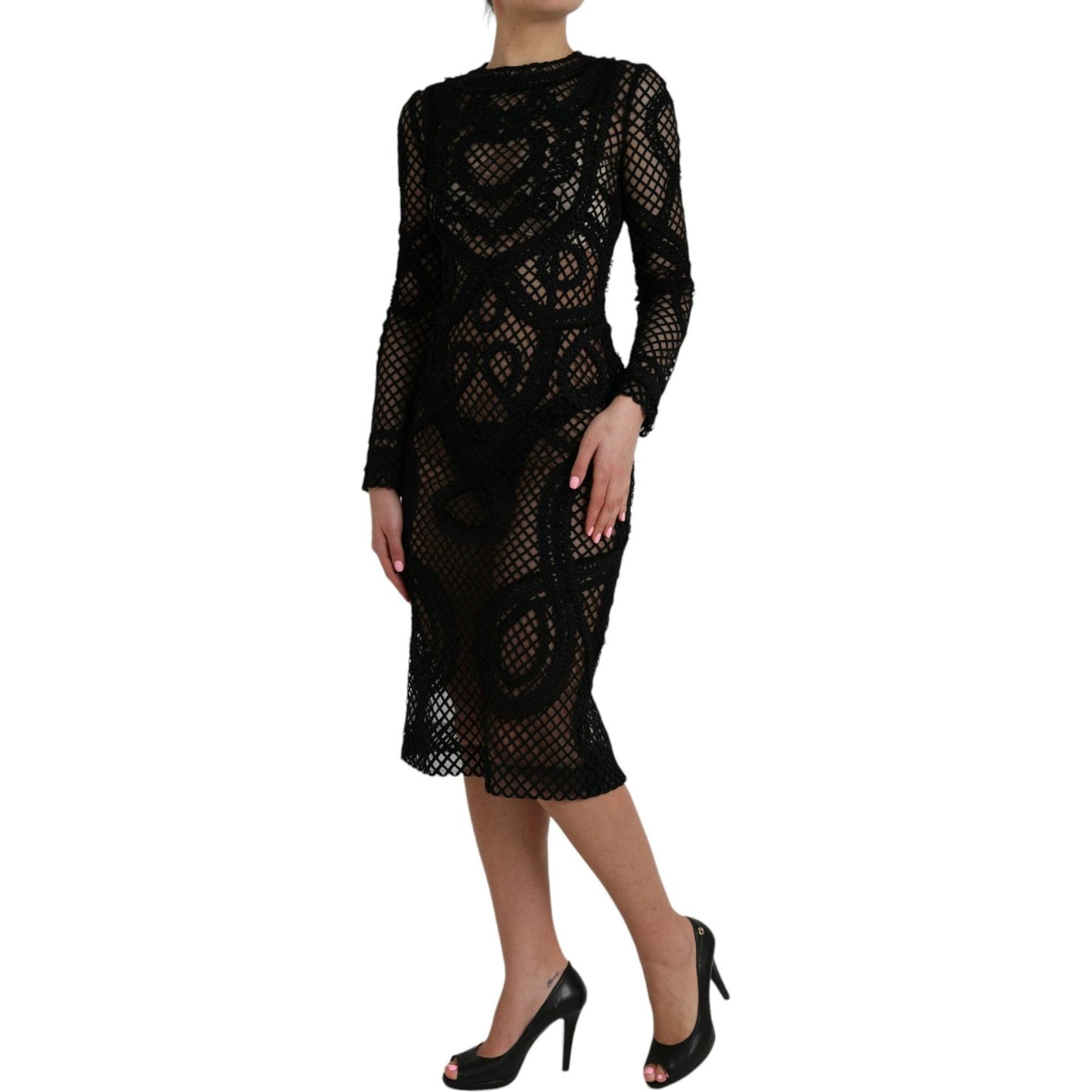 Dolce & Gabbana Black Sheer Long Sleeves Sheath Midi Dress black-sheer-long-sleeves-sheath-midi-dress