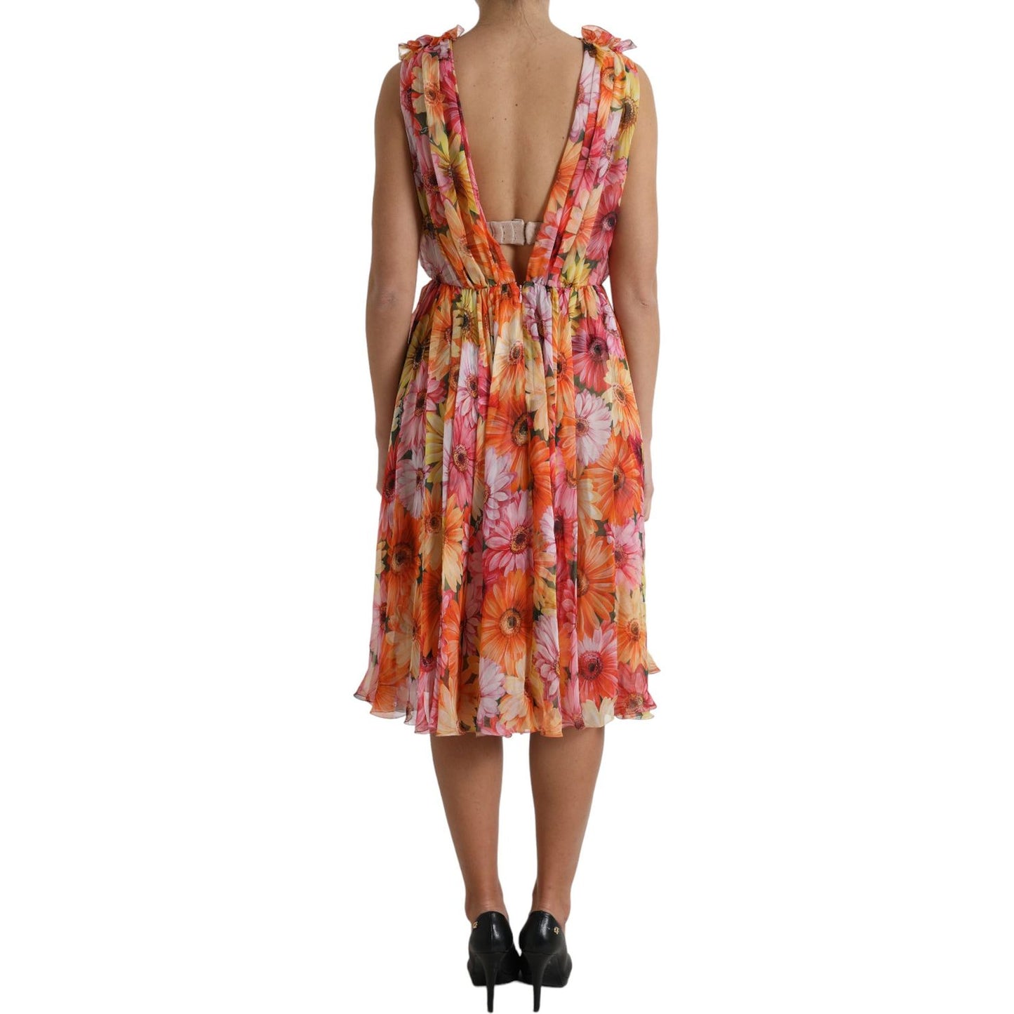 Dolce & Gabbana Elegant Floral Silk Midi Dress with V-Neck multicolor-sunflower-print-silk-midi-dress