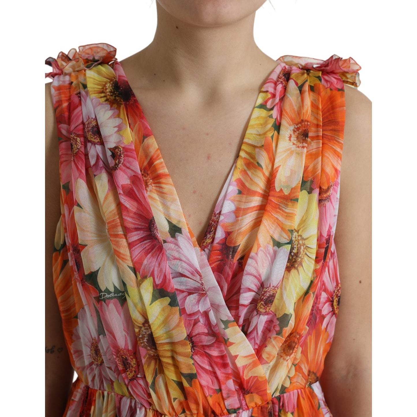 Dolce & Gabbana Elegant Floral Silk Midi Dress with V-Neck multicolor-sunflower-print-silk-midi-dress