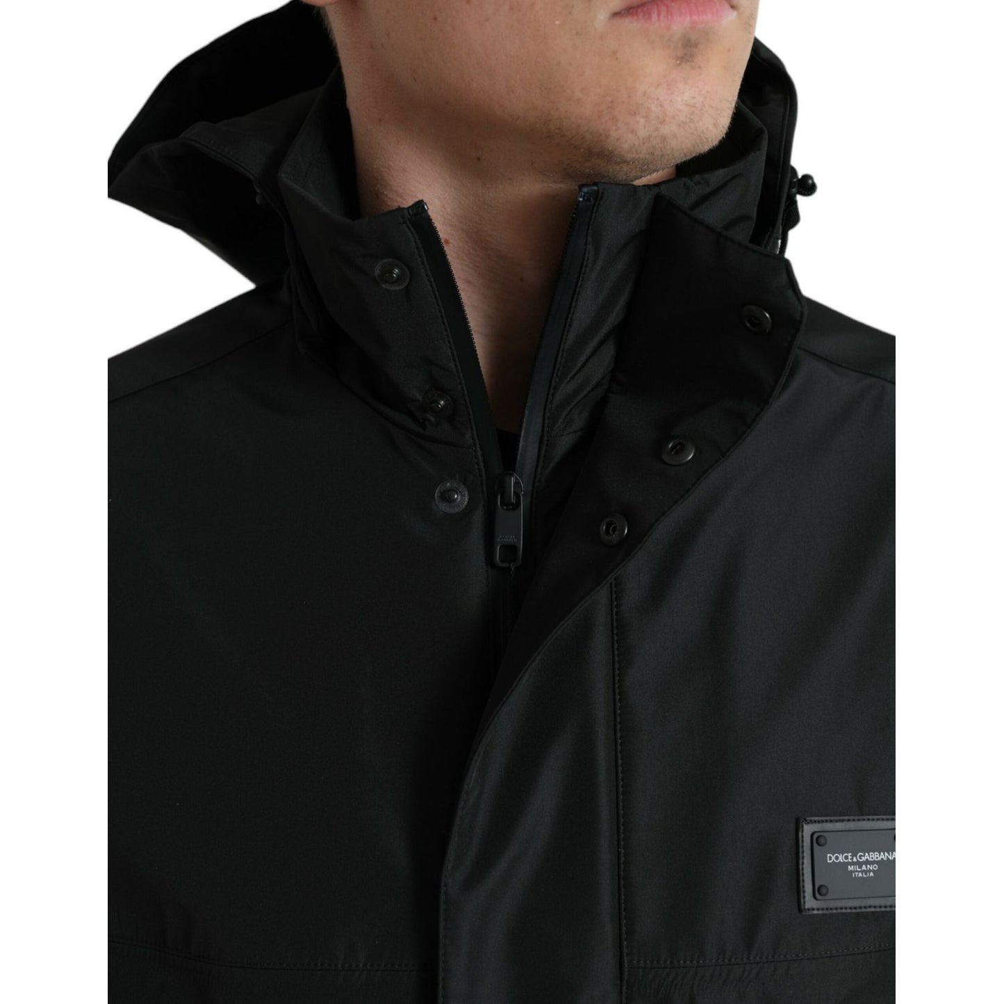 Dolce & Gabbana Sleek Black Windbreaker Jacket black-polyester-logo-plaque-hooded-jacket