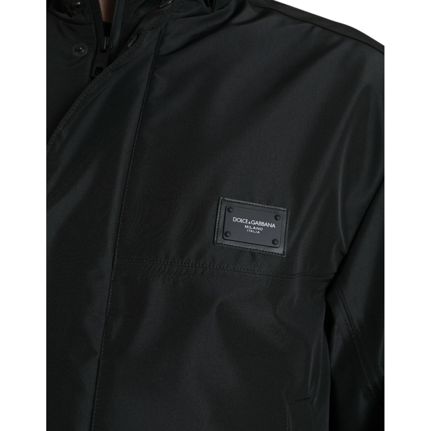 Dolce & Gabbana Sleek Black Windbreaker Jacket black-polyester-logo-plaque-hooded-jacket
