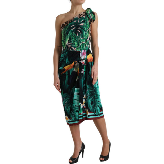 Tropical Jungle Print One-Shoulder Dress