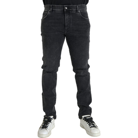 Gray Cotton Stretch Skinny Denim Logo Jeans