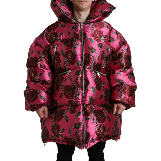 Dolce & Gabbana Elegant Rose Print Quilted Jacket pink-roses-pattern-hooded-padded-zip-jacket