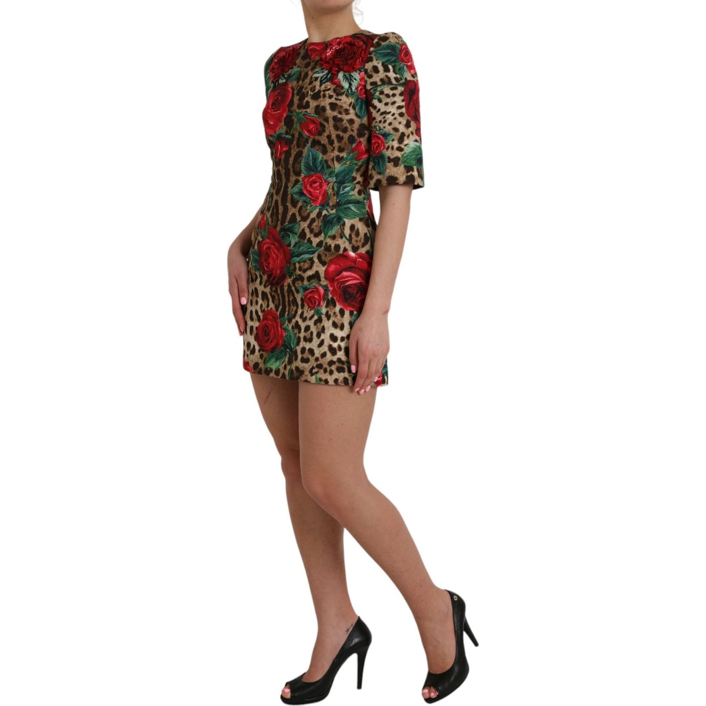 Dolce & Gabbana Brown Leopard Red Roses Cotton A-line Dress brown-leopard-red-roses-cotton-a-line-dress