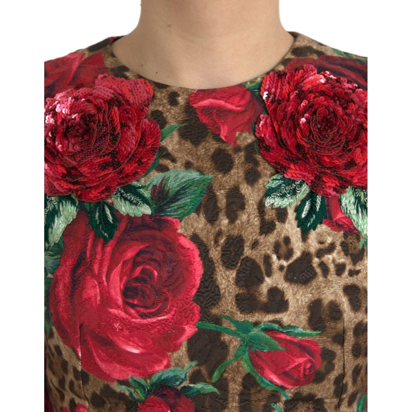 Dolce & Gabbana Brown Leopard Red Roses Cotton A-line Dress brown-leopard-red-roses-cotton-a-line-dress