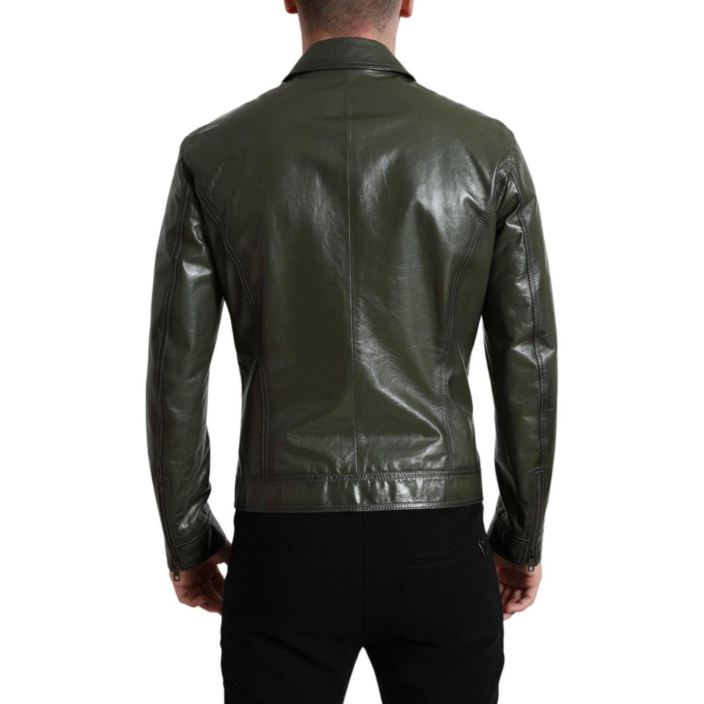 Dolce & Gabbana Emerald Elegance Leather Biker Jacket green-leather-collared-biker-full-zip-jacket