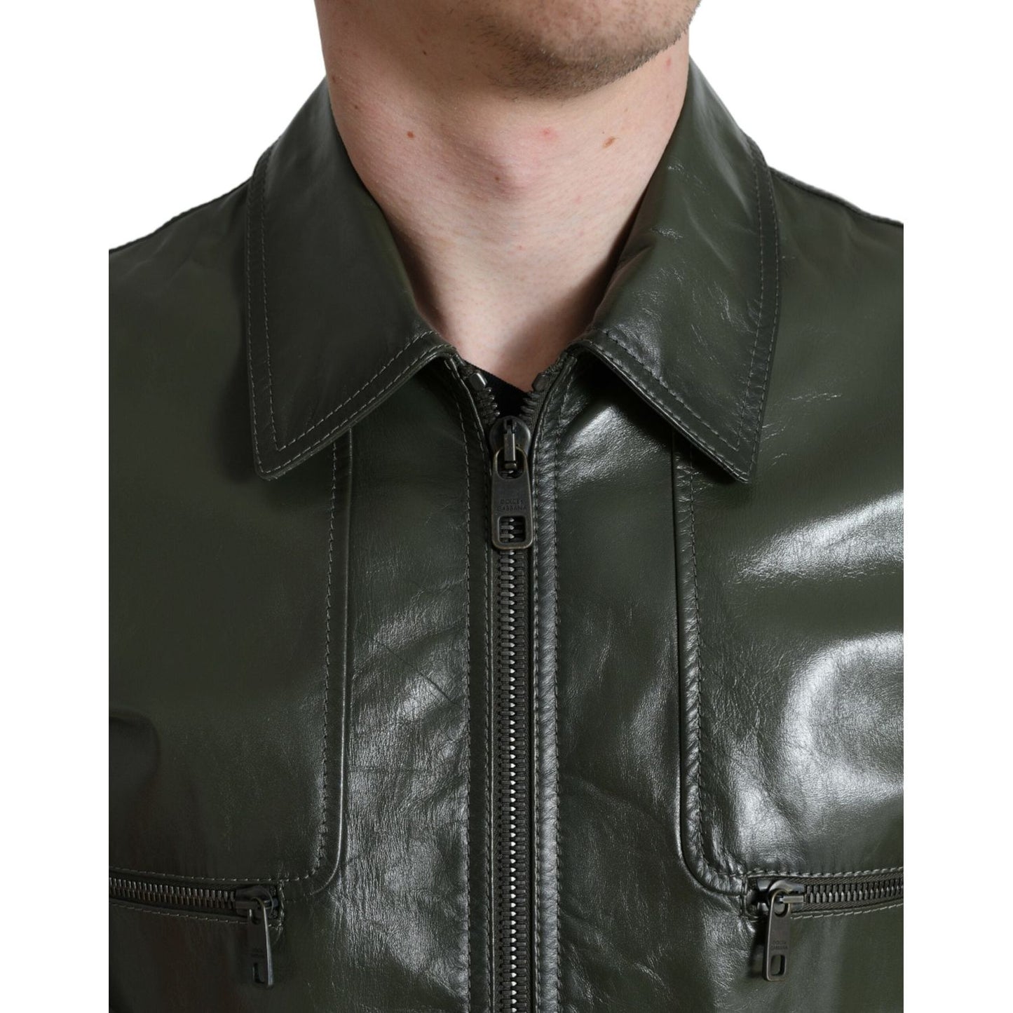 Dolce & Gabbana Emerald Elegance Leather Biker Jacket green-leather-collared-biker-full-zip-jacket