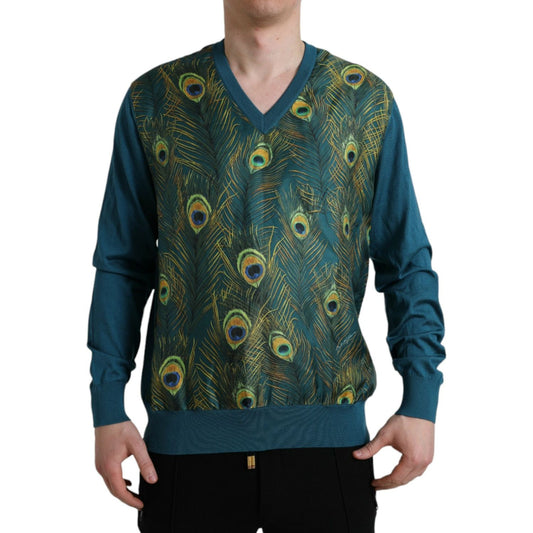 Dolce & Gabbana Silk V-Neck Peacock Feather Sweater green-peacock-feather-pullover-sweater