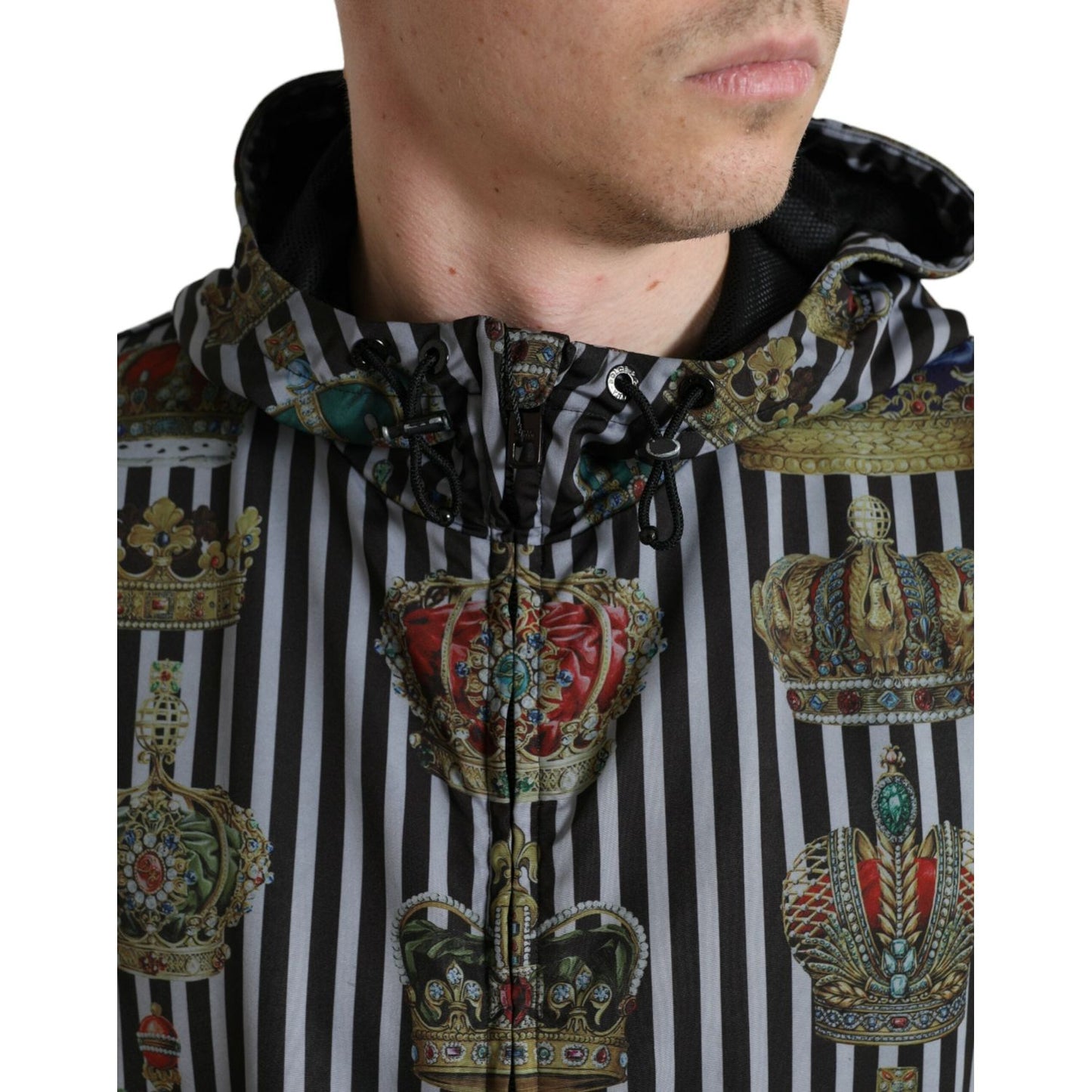 Dolce & Gabbana Chic Black & White Hooded Tech Jacket black-white-striped-crown-hooded-jacket