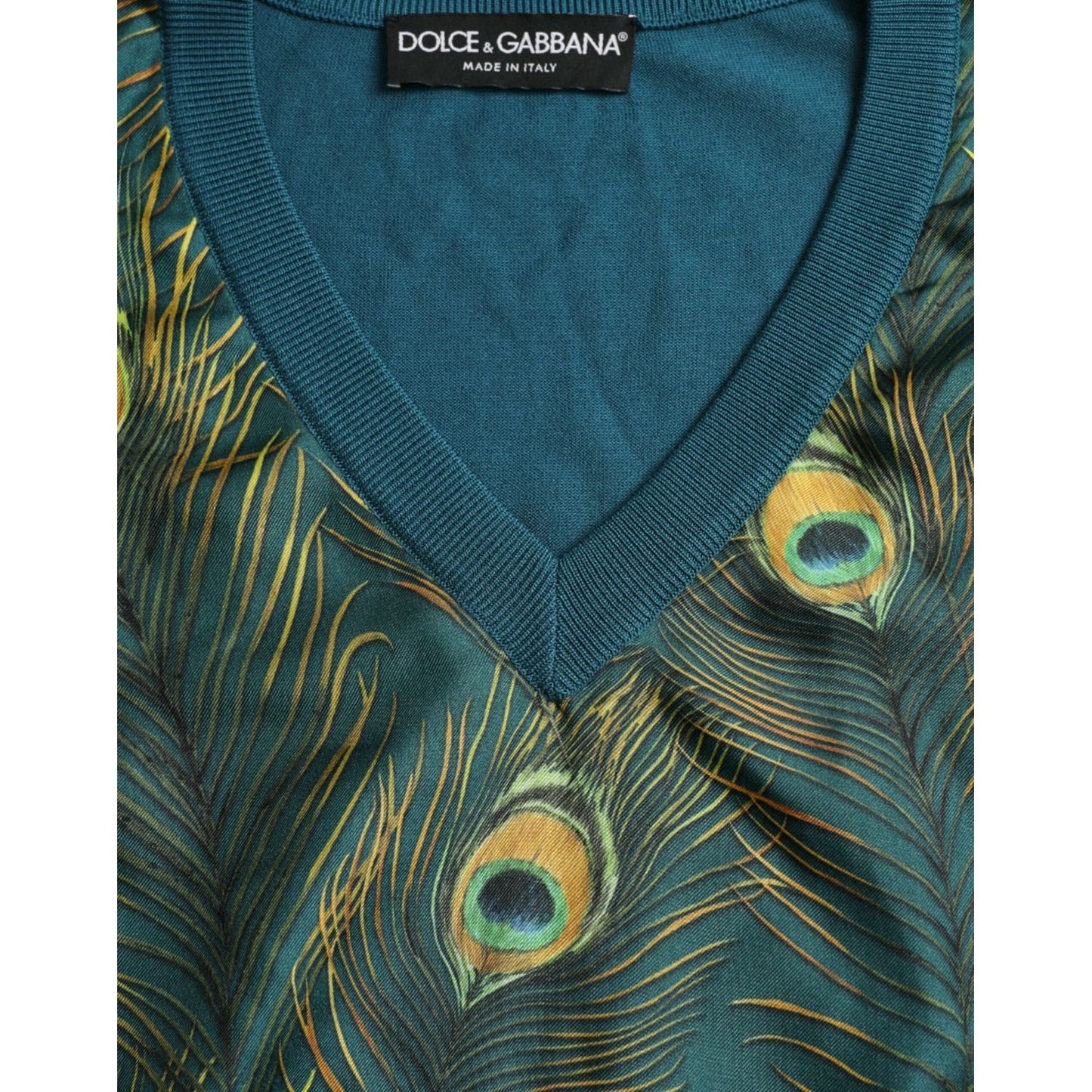 Dolce & Gabbana Silk V-Neck Peacock Feather Sweater green-peacock-feather-pullover-sweater