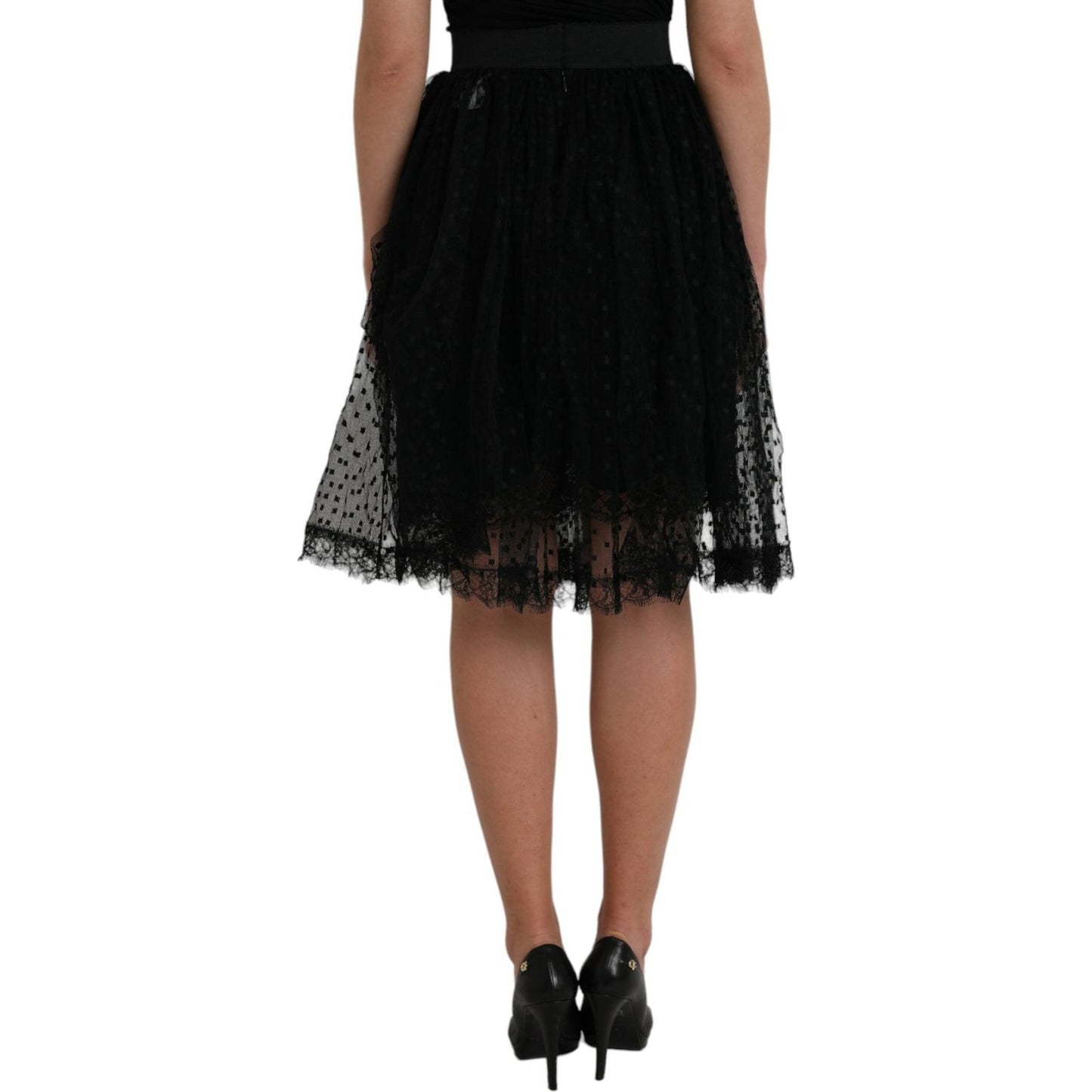 Dolce & Gabbana Black Nylon Lace Trim High Waist A-line Skirt black-nylon-lace-trim-high-waist-a-line-skirt