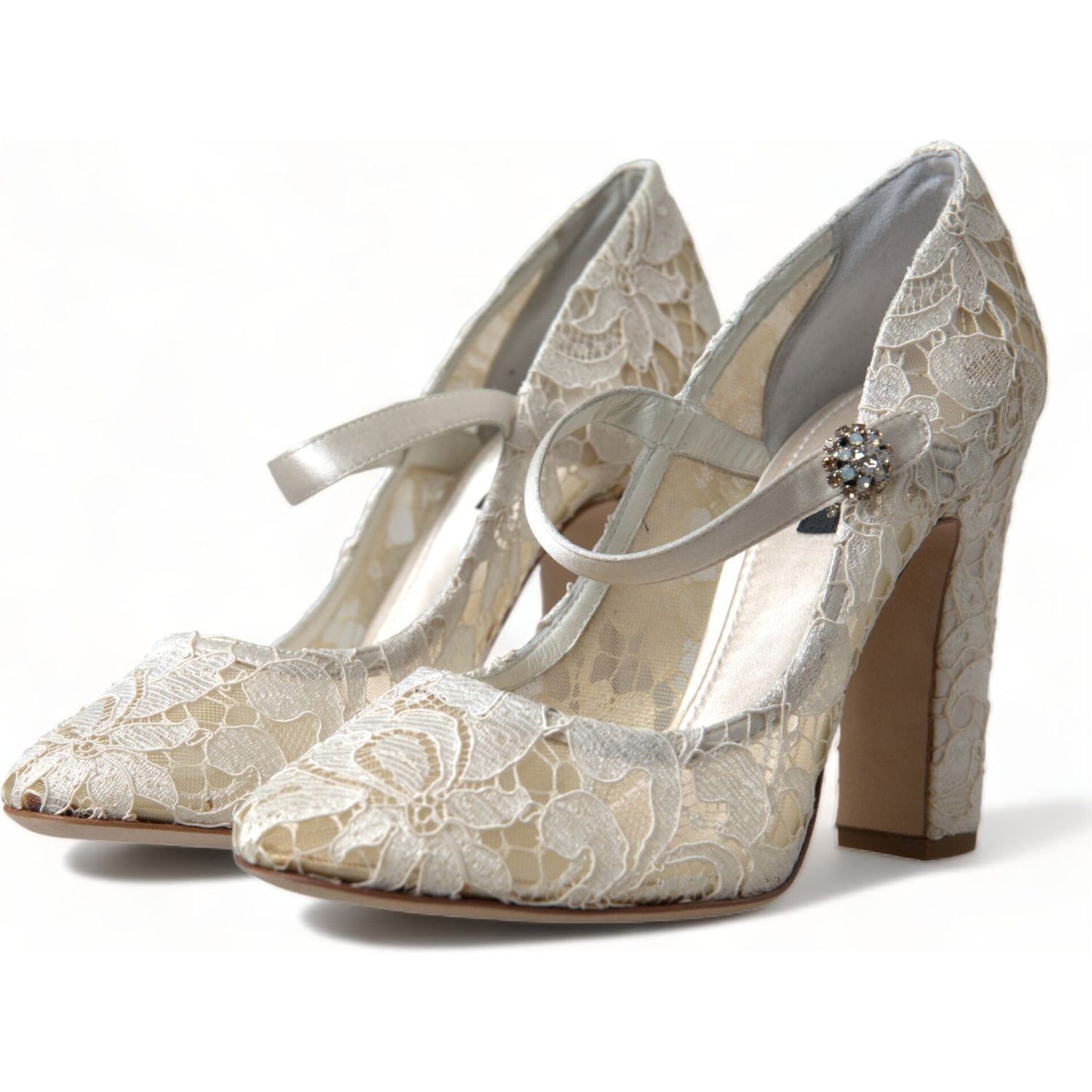 Dolce & Gabbana Chic Lace Block Heels Sandals in Cream White white-lace-crystals-heels-sandals-shoes