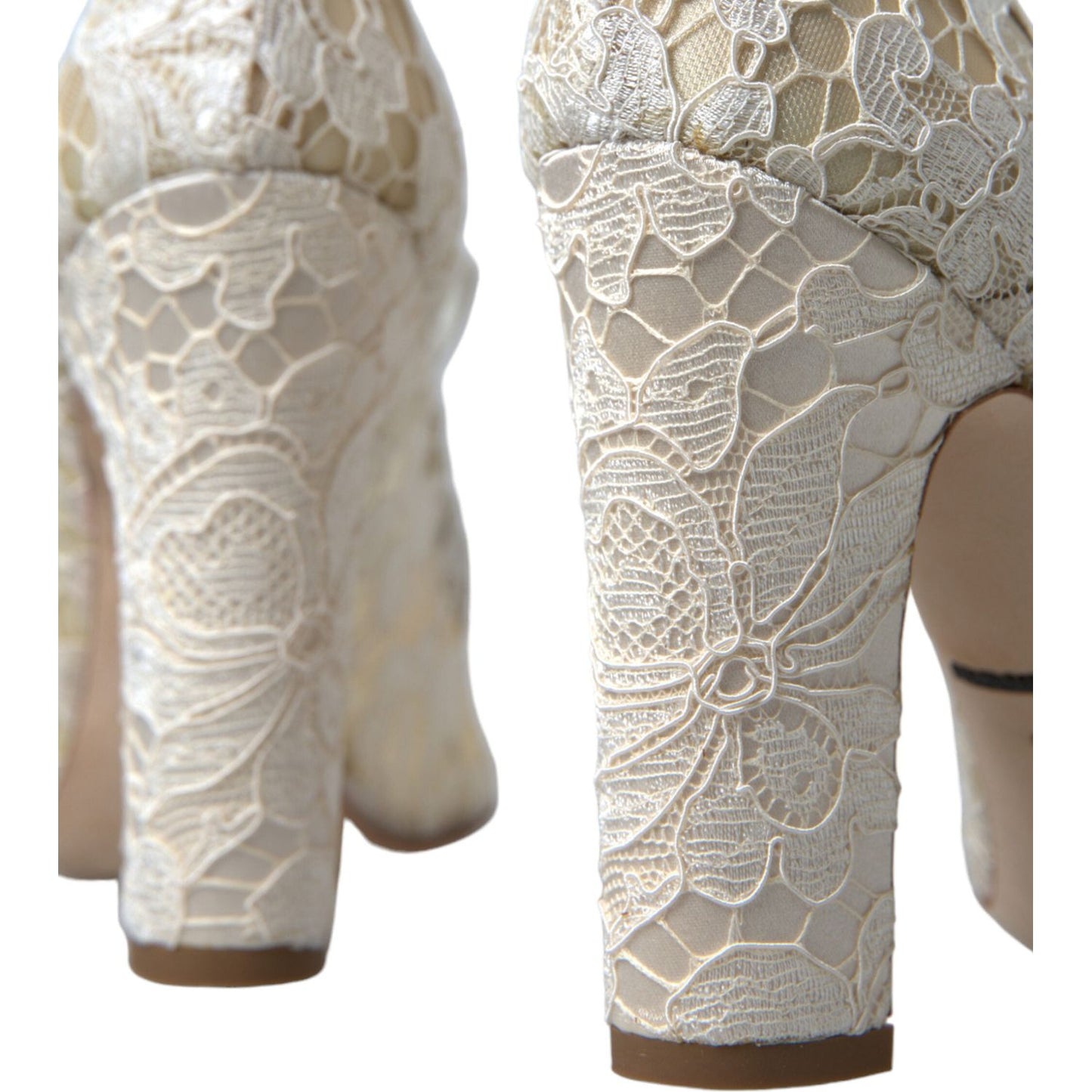 Dolce & Gabbana Chic Lace Block Heels Sandals in Cream White white-lace-crystals-heels-sandals-shoes