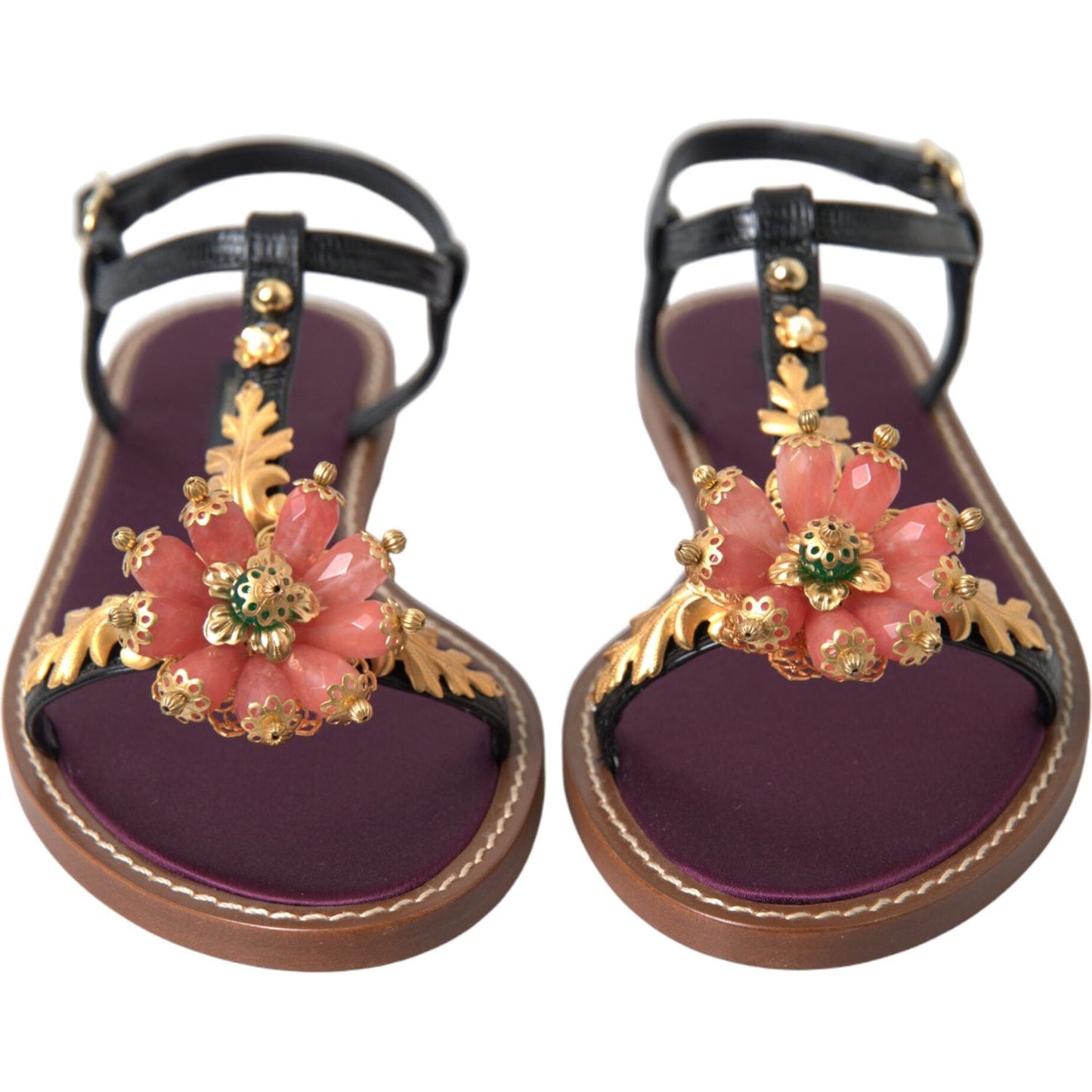 Dolce & Gabbana Elegant Crystal-Adorned Flat Sandals black-crystal-gold-sandals-leather-shoes