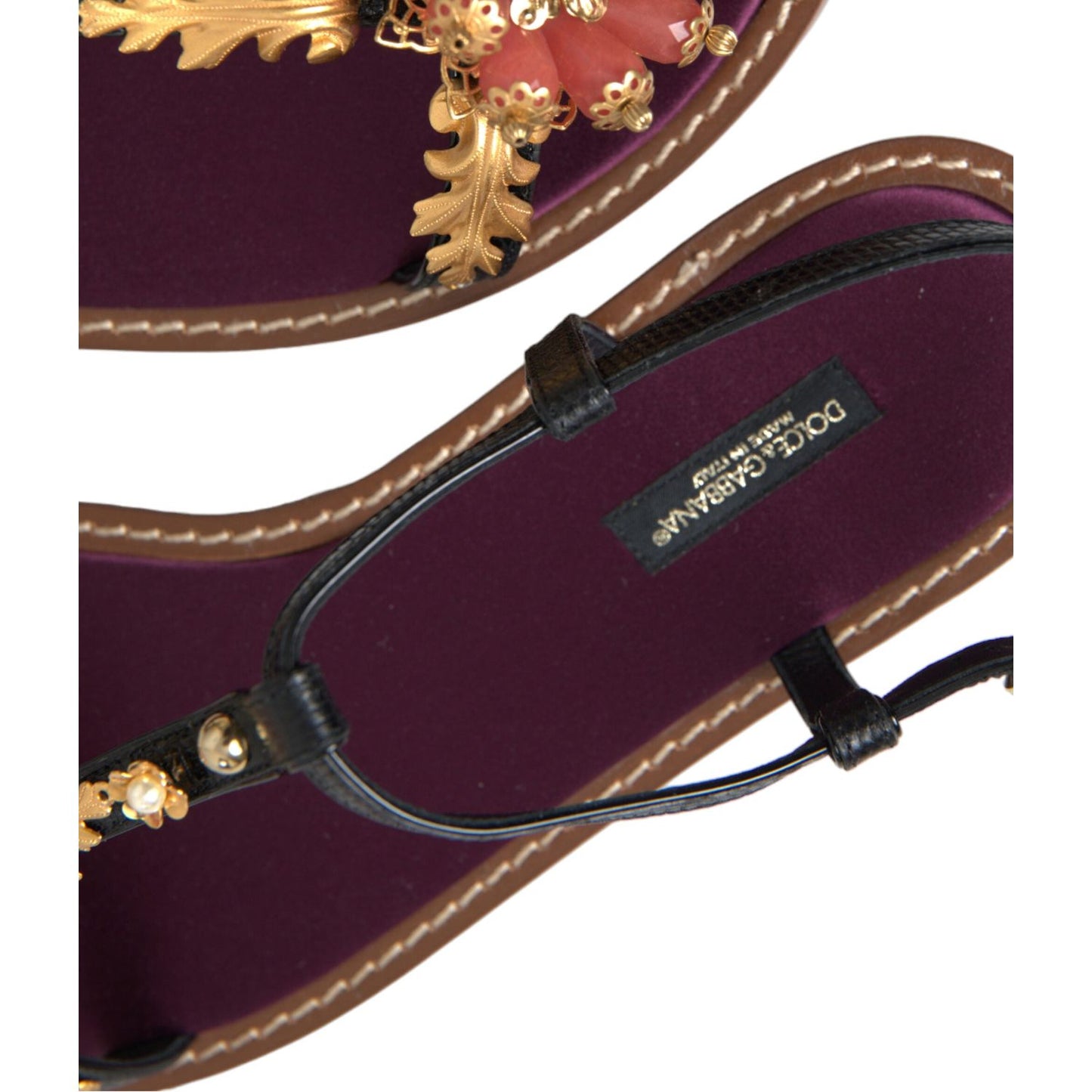 Dolce & Gabbana Elegant Crystal-Adorned Flat Sandals black-crystal-gold-sandals-leather-shoes