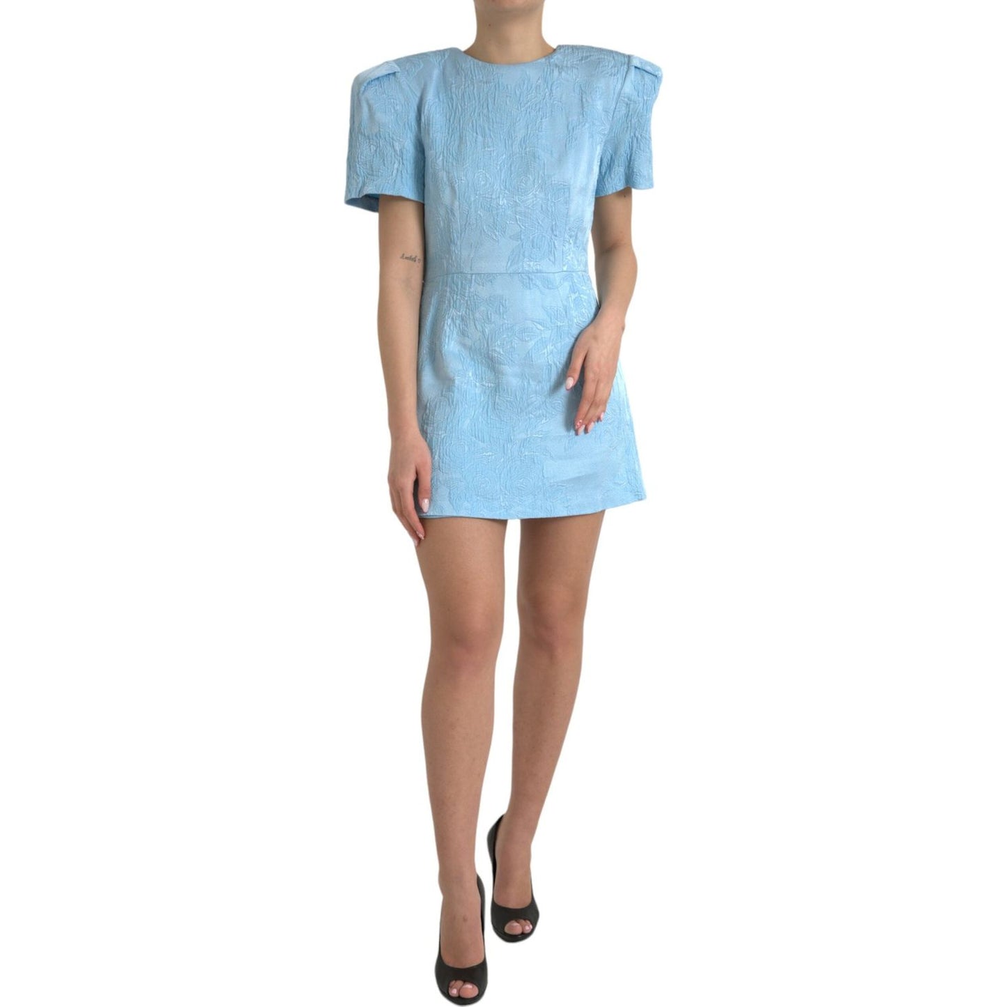 Dolce & Gabbana Elegant Sky-Blue Floral Jacquard Mini Dress elegant-sky-blue-floral-jacquard-mini-dress