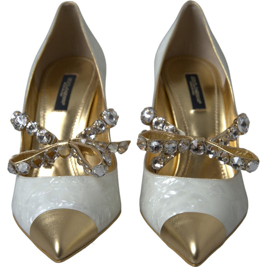 Dolce & Gabbana Elegant White Patent Crystal Bow Heels white-mary-jane-crystal-pearl-pumps-shoes