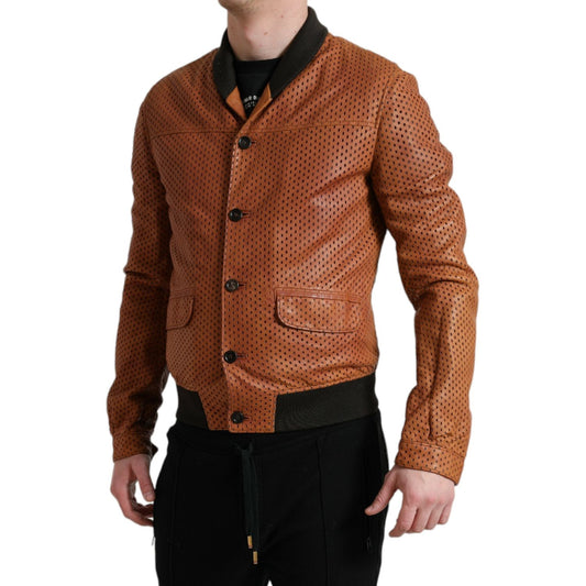 Dolce & Gabbana Elegant Leather Perforated Bomber Jacket brown-lambskin-leather-perforated-jacket