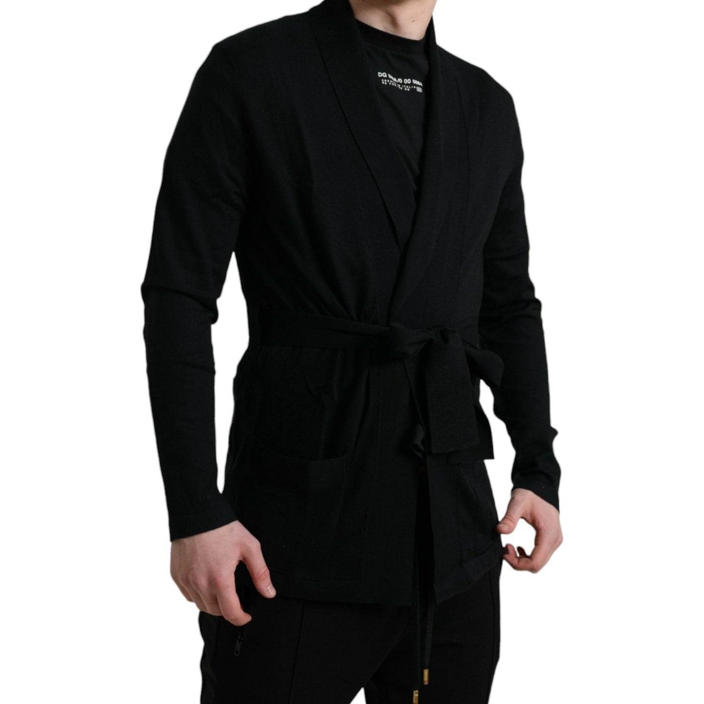 Dolce & Gabbana Elegant Black Cashmere Robe with Waist Belt black-cashmere-long-sleeves-belted-wrap-robe