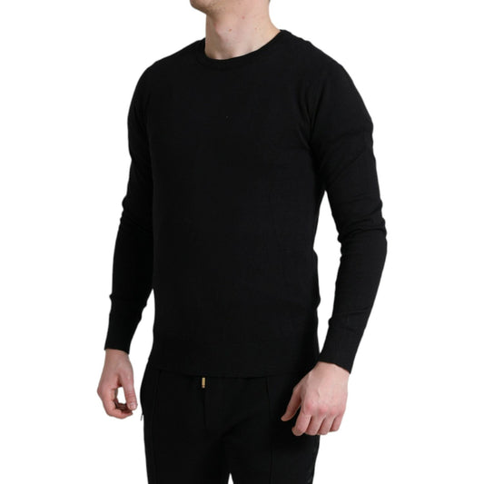 Elegant Black Cotton Crewneck Pullover Sweater