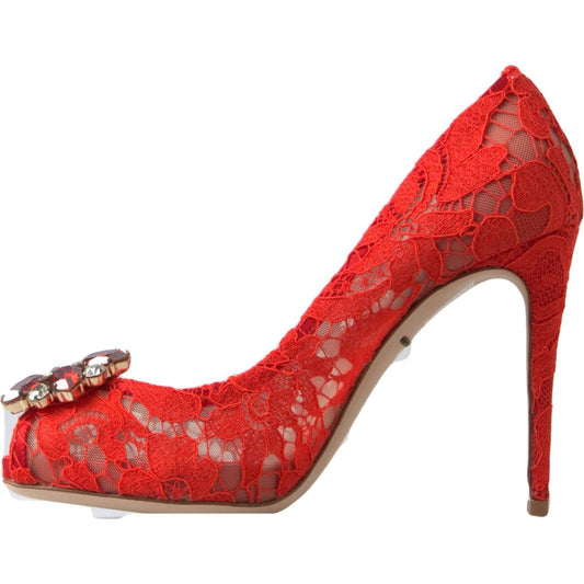 Dolce & Gabbana | Chic Red Lace Heels with Crystal Embellishment| McRichard Designer Brands   