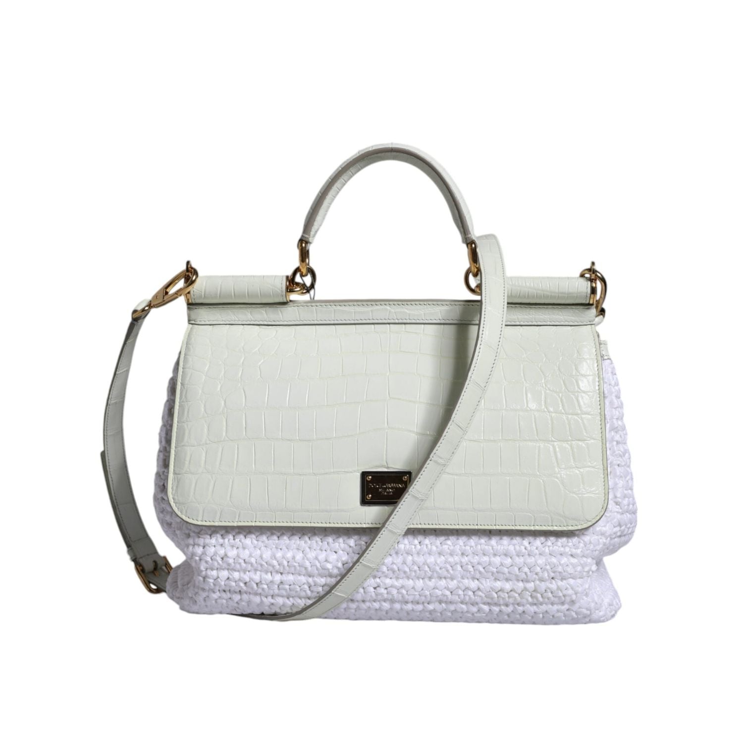 Dolce & Gabbana White Rafia Leather Top Handle Crossbody Bag