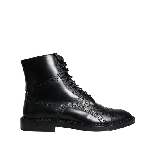 Dolce & Gabbana Black Leather Lace Up Mid Calf Boots Shoes Dolce & Gabbana