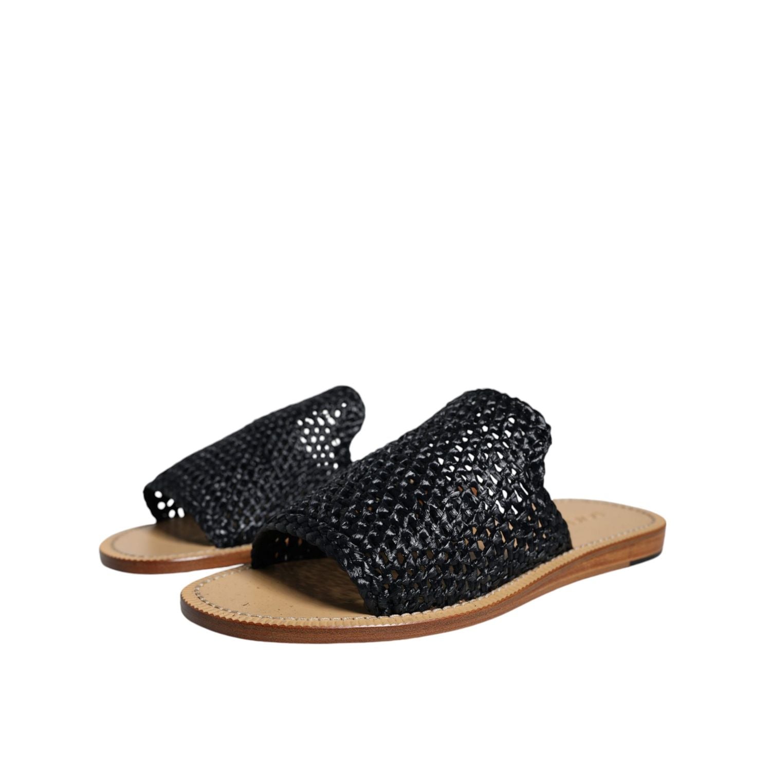 Dolce & Gabbana Black Monochrome Braided Raffia Slides Shoes