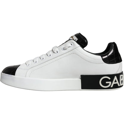 Dolce & Gabbana Black Leather Logo Portofino Sneaker Shoes