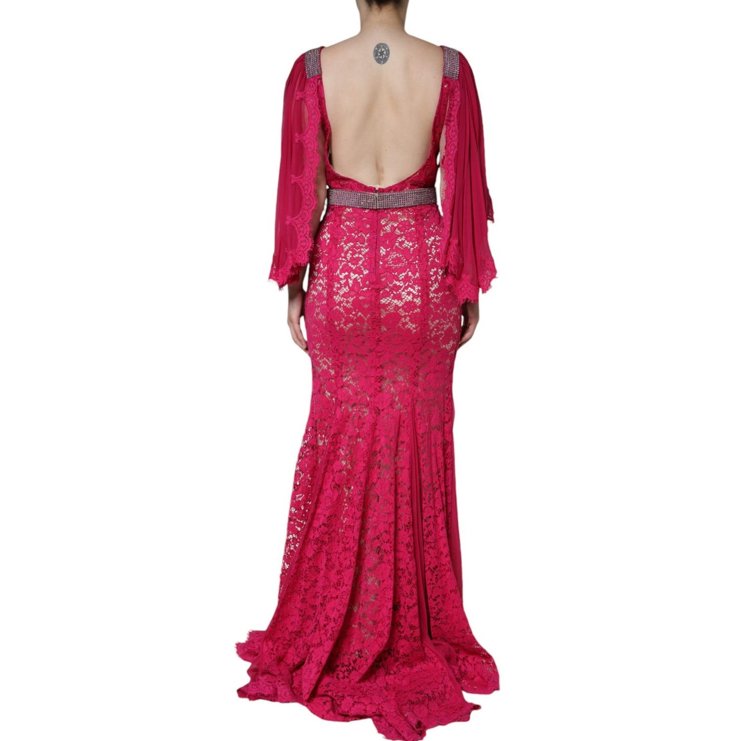 Dolce & Gabbana Pink Lace Crystal Sheath Long Gown Dress