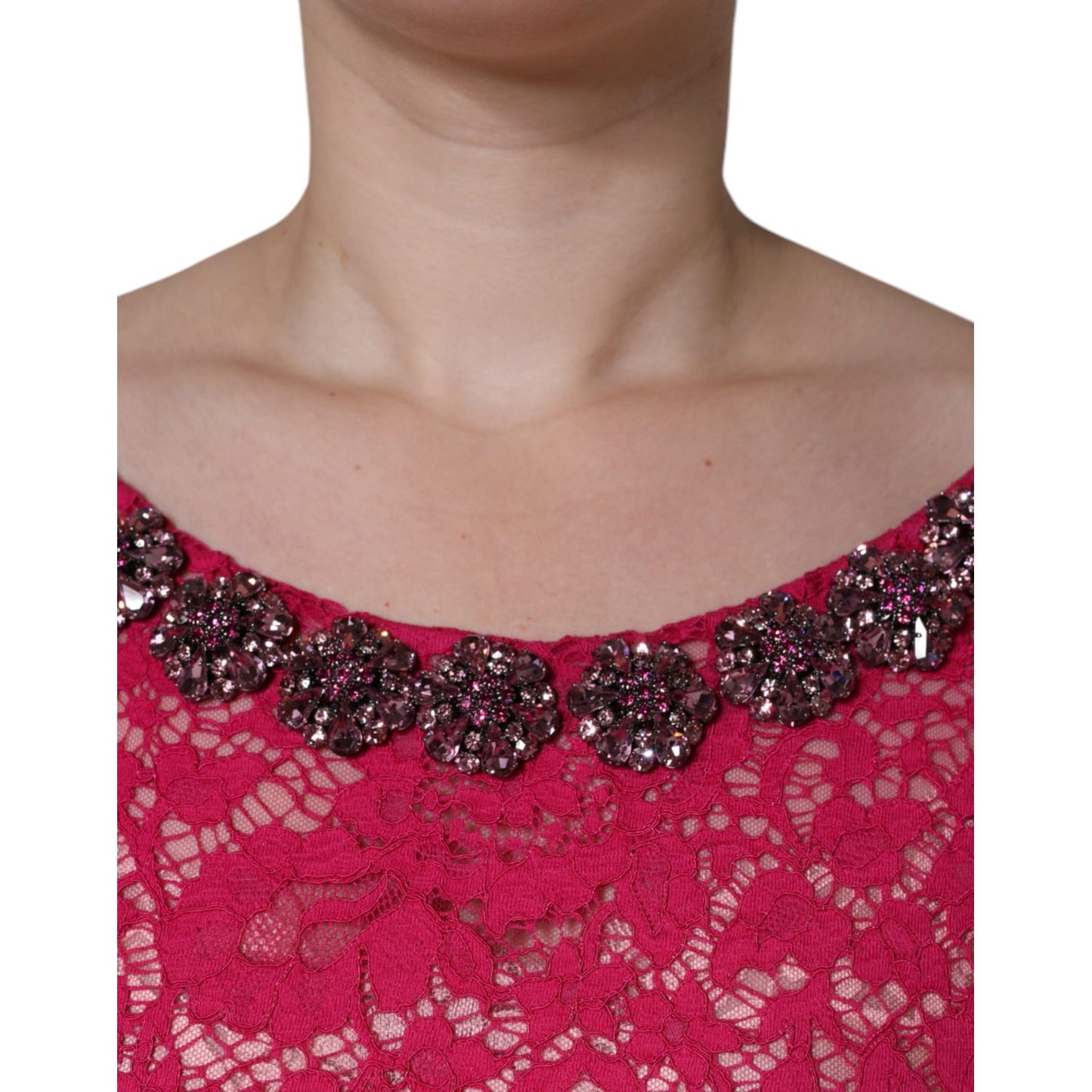 Dolce & Gabbana Pink Lace Crystal Sheath Long Gown Dress