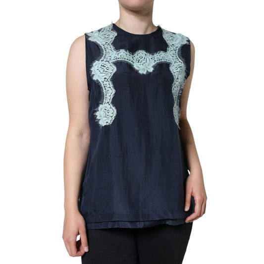 Dolce & Gabbana Blue Floral Lace Silk Sleeveless Tank Top Dolce & Gabbana