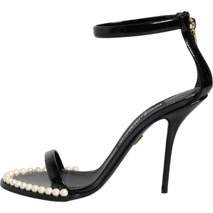 Dolce & Gabbana Black Keira Leather Faux Pearl Sandals Heels Shoes