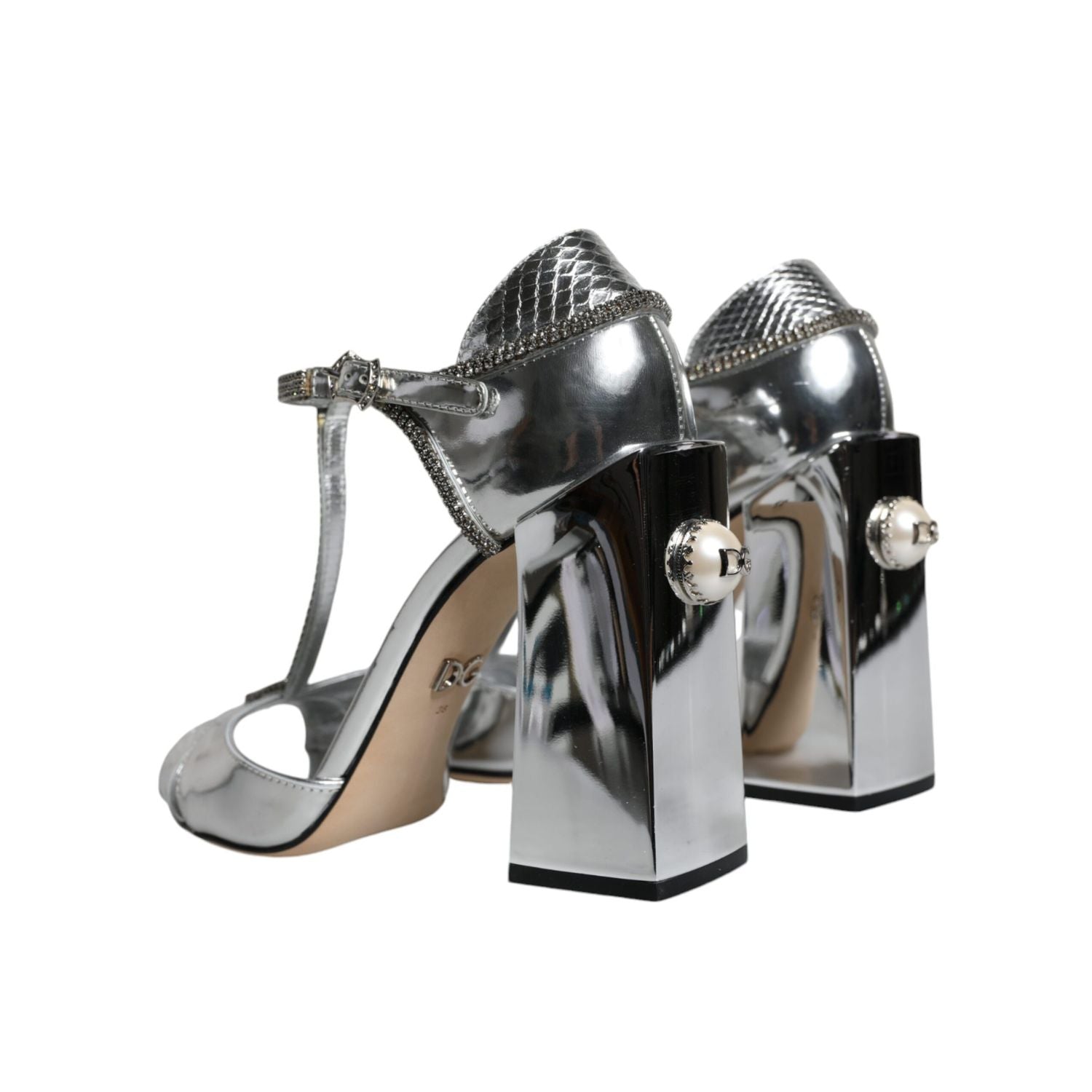 Dolce & Gabbana Silver Leather T-strap Heels Sandals Shoes
